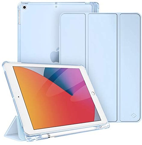 Fintie Hülle für iPad 9. Generation 2021/8. Gen 2020/7. Gen 2019 10.2 Zoll mit Stifthalter, ultradünne leichte Schutzhülle mit transparenter Rückseite und Auto Schlaf/Wach Funktion, Hellblau