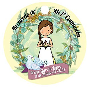 Etiqueta detalle Comunion Niña personalizado beige redondas para identificar regalos de los Invitados a Comunión (32 unidades)
