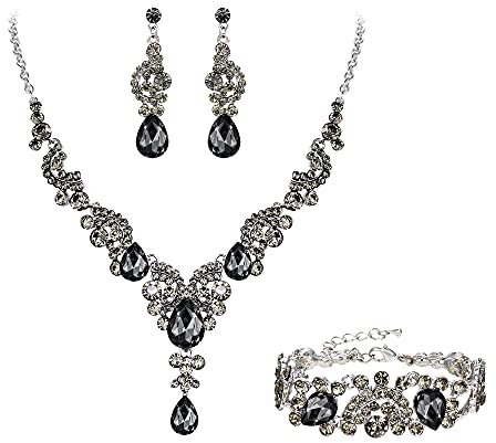 EVER FAITH Kristall Schmuckset Hochzeits Braut Art Deco Floral Teardrop Halskette Ohrringe und Armband Set Grau