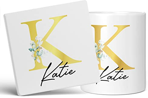 Personalised Letter K Floral Mug Initial with Name, Customised Gift, Gold Effect Printed Letter, NOT Metallic - Ceramic Coffee Cup for Men or Women, Extra Large and Giant Mug, 11oz White Cup & Coaster