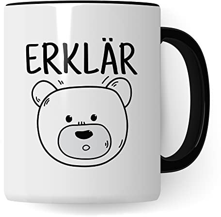 Tasse Erklärbär Geschenk Tasse mit Wortspiel Geschenkidee Kaffeetasse Tasse mit Spruch lustig Bären-Motiv Kaffee-Becher Teetasse Witztasse Humor Witz Deutschlehrer Germanistik (Weiß/Schwarz)