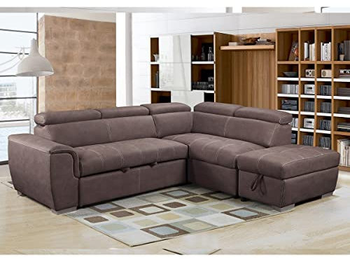 Furnishings For Less UK Corner Sofa Bed | Nevada Large Brown L Shaped Suede Mushroom | Tilting Headrest and Storage Ottoman Included (Right Hand Facing + Ottoman)
