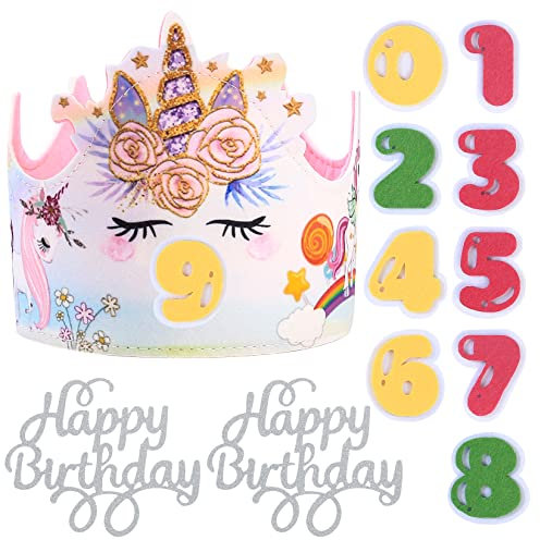 HexinYigjly Einhorn Geburtstagskrone, Geburtstag Kinderkrone Mädchen Auswechselbaren Zahlen von 0-9, 3D Einhorn Sticker Geburtstag Stoffkrone Geschenke für Mädchen Jungs Kinder Geburtstagsdeko