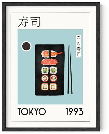 HAUS AND HUES Sushi-Wanddekoration, moderner Küchen-Lebensmitteldruck, japanisches Sushi-Poster, Esszimmer, Lebensmittel, Wandkunst für Küche, 30,5 x 40,6 cm, schwarzer Rahmen