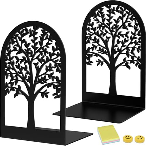 Qualsen 2 Stück Metall-Schwarz Buchstütze, Baumdesign Buchstütze, Buchstützen mit rutschfeste,Dekorative Buchstützen, Bücherstütze für Schule Zuhause Büro, Schulbedarf