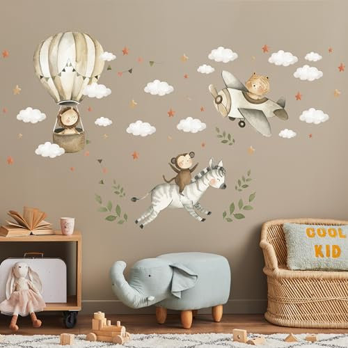 Muralo Sticker Set für Mädchen und Jungen - Aquarell Aufkleber Wandsticker Tattoo für Kinderzimmer - Wandaufkleber Tiere mit Wolken und Sternen Motiv - Br.60cm x Hö.30cm