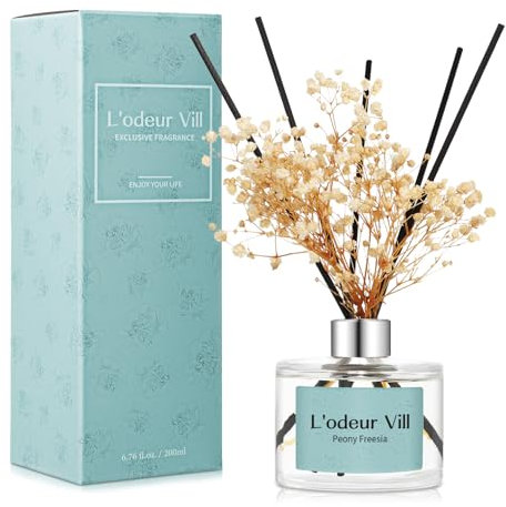 L'odeur Vill Room Fragrance Reed Diffuser with 6 Fragrance Sticks 200 ml – Jasmine Freesia, Natural, Long-Lasting, Home Fragrance Essential Oil Reed Diffuser for Bathroom Shelf Decoration.