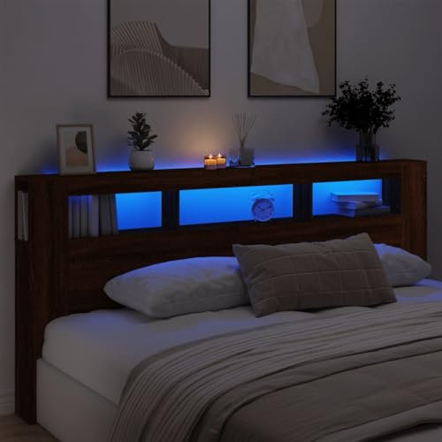 Gecheer LED Headboard Cabinet Bedroom Storage Shelf Bookcase Bedroom Display Shelf Unit Wooden Storage Backboard Bed Accessory Brown Oak 220x18.5x103.5 cm Engineered Wood