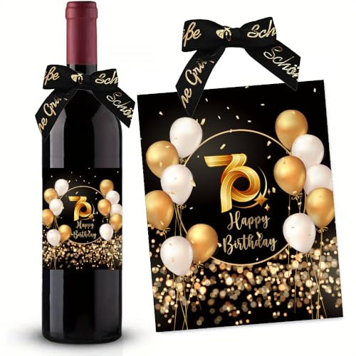 70. Geburtstag Flaschenetikett mit Schleife Schwarzes Gold Lack veredelt 10x12,7cm Happy Birthday 70 - Geburtstagsdeko Geburtstagsgeschenk Geschenke für Frauen Männer