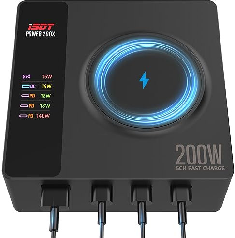 ISDT Power200X 200W USB C Ladegerät: 140W PD3.1 Schnelladapter mit MagSafe & LCD-Display - 5-in-1 Ladestation für MacBook Pro/iPhone 16 (100-240V)