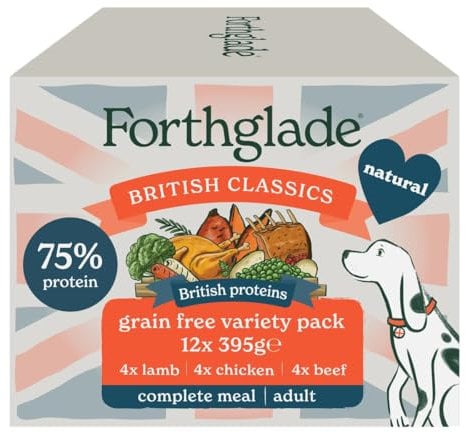 Forthglade British Classics Wet Dog Food Variety Pack (12 x 395g Trays) - Grain Free & Hypoallergenic Dog Food, Adult 1 Year+, Chicken, Lamb and Beef with Vegetables, Stomach Sensitive Meals