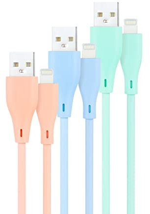 Set de 3 cables Lightning a USB 2.0, con conectores USB tipo A macho. Incluye colores rojo, azul y verde. Cada cable tiene una longitud de 1 metro, ideal para cargar y sincronizar dispositivos.
