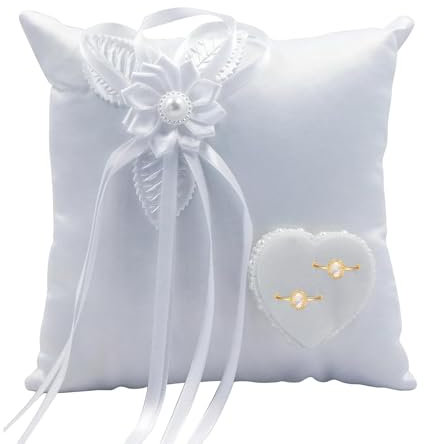 Amexo Cuscino Portafedi per Matrimonio Cuscino Fedi Camelia Bianco Romantico Porta Fedi con Nastro e Perle Artificiali Cuscino per Fedi Nuziali a Forma di Cuore 20x20cm