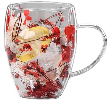 Double Walled Glass Coffee Mug 350ML, Dried Flowers Insulated Glass Coffee Cups with Handle, Flower Glass Tea Cup, Heat Resistant Cappuccino Latte Glasses Gi-fts for Milk, Tea, Hot Cold Beverages