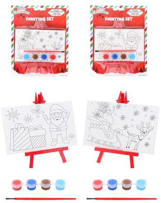 Henbrandt Single Christmas Mini Painting Party Favour Sets with Plastic Easel and Canvas Colouring Card Craft Activity Kit for Kids 2 Designs Xmas Party Supplies for Boys and Girls