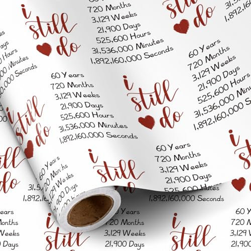 RUSPEPA Geschenkpapierrolle für die Diamanthochzeit – 43,2 cm x 5 m – „I Still Do“-Muster auf strapazierfähigem Papier für den 60. Jahrestag und besondere Anlässe