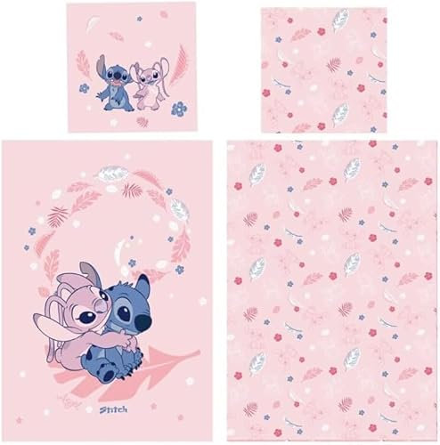 Stitch and Angel Pink Reversible Bedding Set, Duvet Cover 140 x 200 cm + Pillowcase 63 x 63 cm, Polycotton