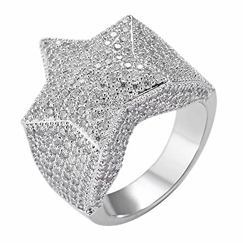 Ringschmuck, Hip-Hop-Bling-Pentagramm-Zirkonring – 14 Karat vergoldeter Iced Out CZ-Simulationsdiamant-3D-Sternring – handgefertigter Rapper-Männer-Frauen-Street-Rock (Farbe: Silber, Größe: 07)