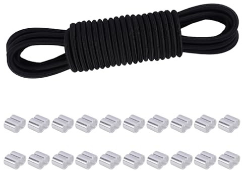 VirtuGro 8mm x 10M Black Bungee Cord Elastic Bungee Rope with 20pcs Aluminum Crimping Loop Sleeve Stretch Shock Cord Bungee Strap for Tarpaulin Trailer Luggage Tent Camping Furniture Kayak