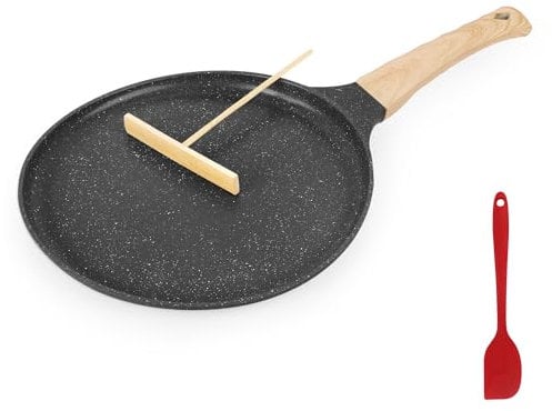 AUROAY Crepe Pan Non Stick, 24cm Dosa Pancake Pan Aluminium Flat Skillet Griddle with Stay-Cool Handle for Gas Stove and Induction Hob, PFOA Free