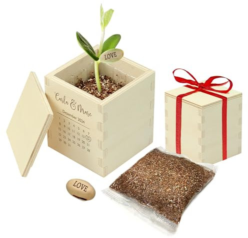 Zauberbohne mit Kalender Motiv als Hochzeitsgeschenk, Personalisierte Gravur Name und Datum, Pflanze mit Botschaft Love, Anzuchtset in gravierter Holzbox zum Valentinstag