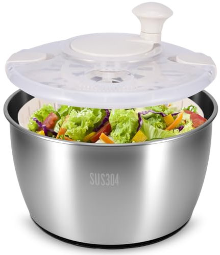 Salatschleuder Edelstahl 304, 5L Hochwertige Schleuder inklusive Deckel, Rutschfester Boden, Groß Salat Schleuder mit Kurbelantrieb Leicht zu reinigen Geeignet für Salate, Gemüse, Obst