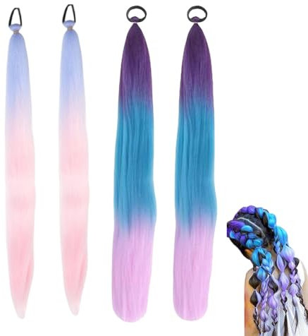 4 Stück Bunte Haarsträhnen Kinder, Kunsthaar Zum Einflechten Mit Doppelt Dreifarben Kunsthaar Frei Haar Extensions für Festivals, Partys Schulstyling Lebendige Farben, Einfach Zu Flechten