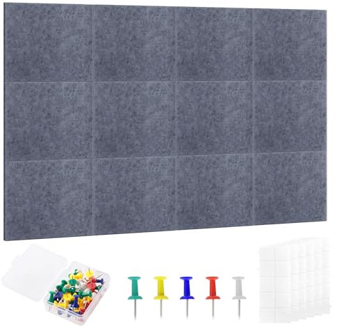 Grand tableau d'affichage autocollant en feutre - 12 panneaux de feutre avec 90 épingles, 60 languettes adhésives - Tableau mémo - Pour bureau, maison, école - Gris foncé - 120 x 90 cm