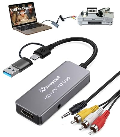 Convertisseur VHS vers numérique, carte de capture vidéo pour VHS/DVD/HI9/AV/Wii, convertisseur RCA vers USB Adaptateur analogique vers numérique pour enregistrer de vieux souvenirs RCA/S-Vidéo/HDMI
