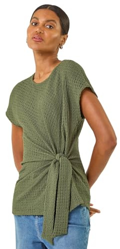 Roman Originals Textured Asymmetric Wrap Top for Women UK - Ladies Everyday Autumn Winter Round Neckline Comfy Soft Evening Vacation Work Party Night Out - Khaki - Size 16