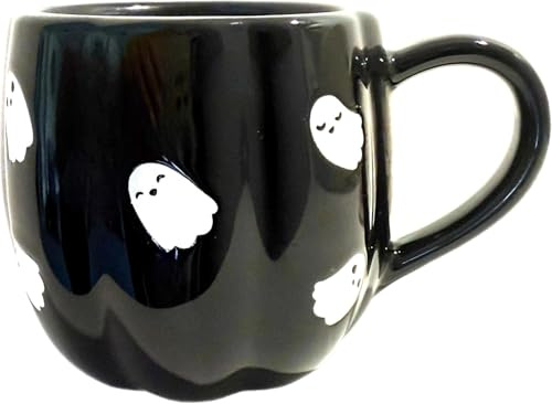 eBoutik - Novelty Cute Halloween Ceramic Black Pumpkin Mug with White Hand-Painted Ghosts - Boo Basket Gift - Autumn Mug for Coffee, Tea or Hot Chocolate