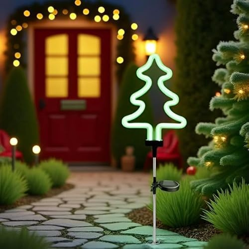 Lampes solaires sur piquet de jardin, éclairage de paysage, lumières néon, décoration extérieure pour jardin, cour, pelouse, allée, terrasse, arrière-cour (arbre de Noël)