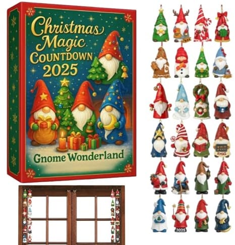 Wichtel Adventskalender 2025 mit 24 Acryl Anhängern, 2D Weihnachtskalender Figuren Deko, Gnome Countdown Kalender für Kinder, Teenager, und Weihnachtsbaum Deko, 26 x 18 x 3 cm