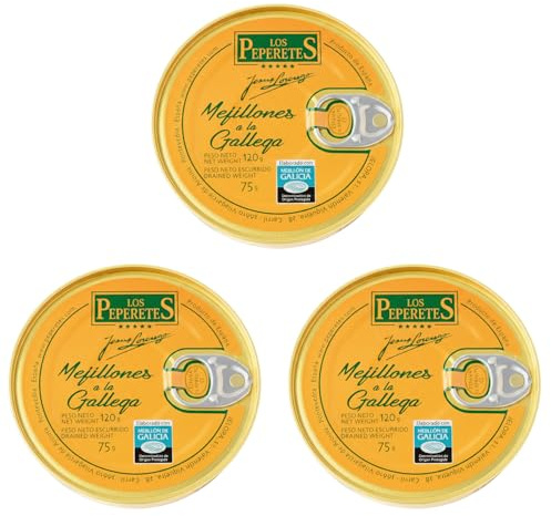 LOS PEPERETES x3 Lata Mejillones en Salsa Gallega 120 g | Marisco Gallego Gourmet | Elaboración Artesanal | Conserva Premium con Pimentón y Especias Naturales | Sabor Tradicional de Galicia