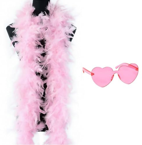 WFKKMEQ Federboa, 2M Federschal Kostüm Zubehör Flauschige Federboa mit Partybrille Feder Boas für Frauen Turkey Feather Boas Dekorieren für Hochzeit,Ankleiden Party, Cosplay,Karneval(Rosa)