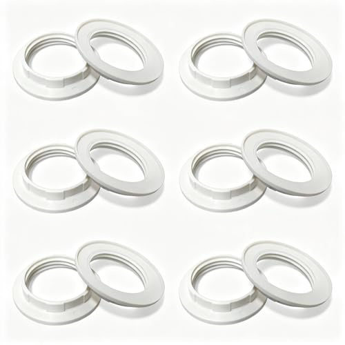 Lot de 12 Bagues d'Abat-Jour E14, Anneau de Fixation en Plastique pour Douille E14, Rondelle Filetée Résistante à la Chaleur, Blanc (Diamètre Interne 27 mm)