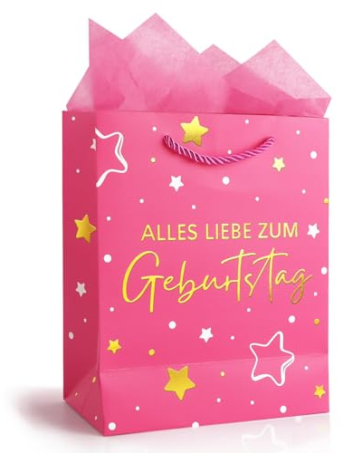 COMOOKA Geschenktüte Geburtstag XL 25x21x10cm Groß Geschenktasche mit Henkel Rosa Happy Birthday aus Papier Kindergeburtstag Tüte mit Seidenpapier für Frau Mädchen Mann Junge (Rosa)
