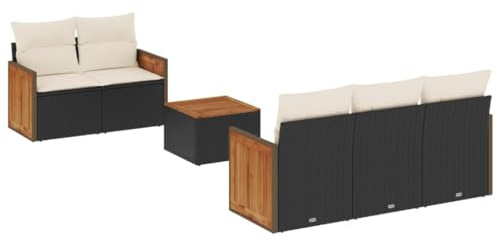 Foknhdi Schwarz 6-TLG. Gartenmöbel Set aus UV-beständigem Poly-Rattan mit Akazienholztisch 55 x 62 x 69 cm Lounge Sofa Garnitur Sitzgruppe für Balkon Terrasse und Wintergarten