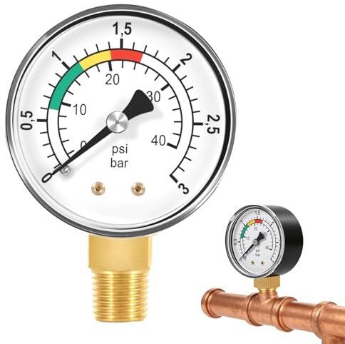 FeinKulturia Manometer Wasserdruck 1/4 Zoll, Pool Druckmanometer 0-3BAR/PSI für Pool Filteranlage und Sandfilteranlage, Präziser Wasserdruckmesser aus Messing für Wasser, Pool und Fischteiche