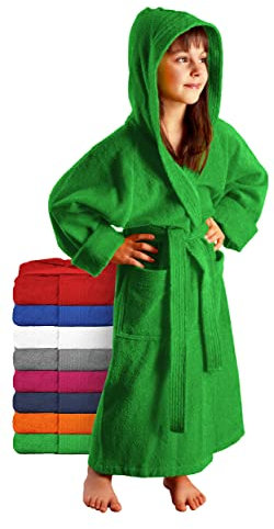 Arus Kinder-Bademantel mit Kapuze für Jungen und Mädchen, 100% Baumwolle Frottee, lang, Froschgrün, 164