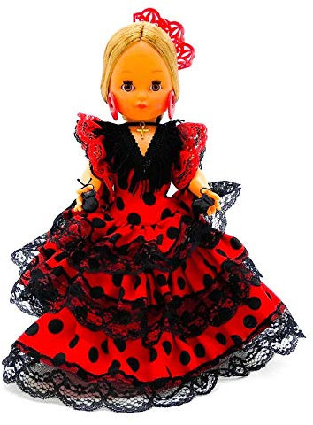 Folk Artesanía Regionale Puppe Kollektion 35 cm mit Haarkamm Andaluza Flamenca Andalusien Spanien, Neu und Original (Rot Lunar Schwarz)