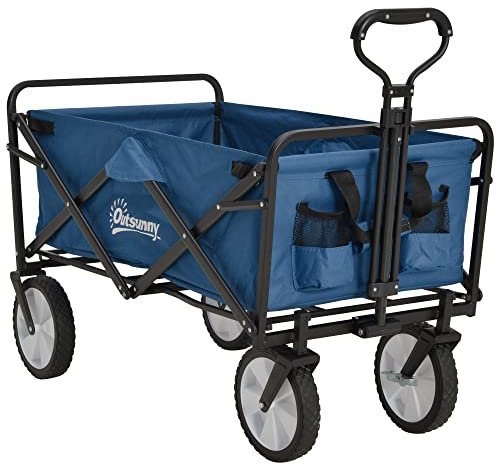 Outsunny 90L Festival Trolley on Wheels, Folding Camping Trolley Cart with Adjustable Handle, Portable for Outdoor, Garden, Shopping, Fishing, Navy Blue