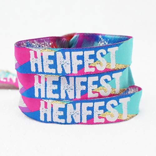 10 x Pack HENFEST (MULTI-COLOUR) festival style Hen Party Wristbands, 9 Henfest + 1 Bride Wristband, Hen Do Accessories