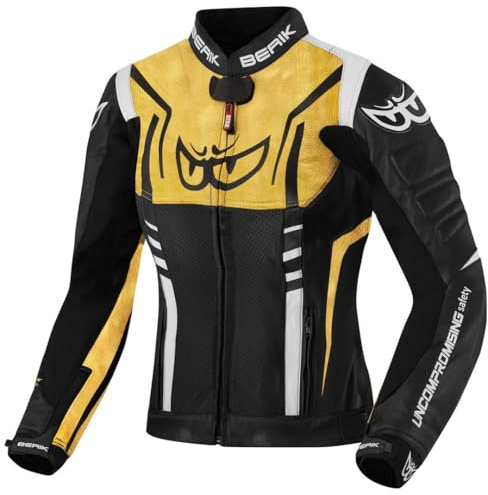 Berik Striper Damen Motorrad Lederjacke, schwarz/weiß/gold, 40