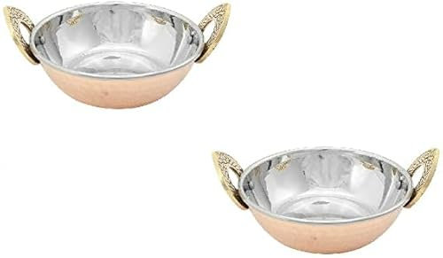 TRTO 2 Pcs Copper Stainless Steel balti Dish karahi Serving Handles Indian Curry Useful for Home (13cm)