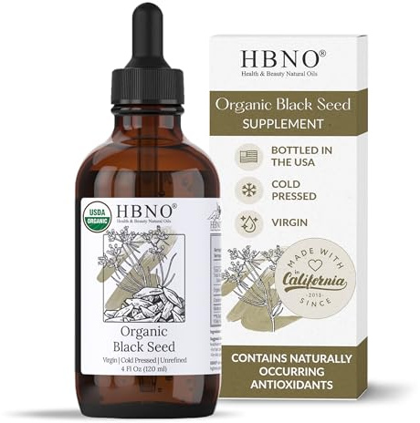 HBNO Aceite de semilla negra orgánico, 120 ml, aceite de semilla negra orgánico certificado por USDA prensado en frío