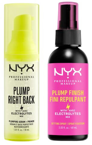 NYX Professional Makeup Primer & Sérum Plump Right Back, Aux Électrolytes, Formule Vegan, 30 ml & Spray Fixateur Plump Right Back, Aux Électrolytes, Formule Vegan, Fini Repulpant, 60 ml