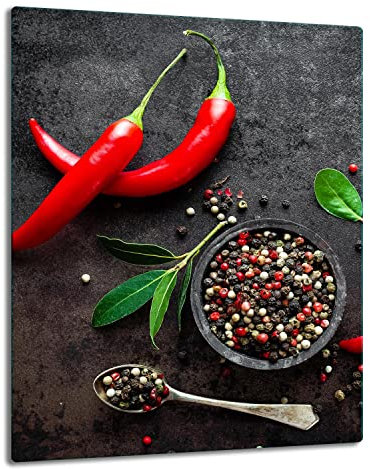 TMK ArtDeko – Herdabdeckung - Spritzschutz Glasplatte 1 Teilig 40x52 cm – Herdschutz aus Sicherheitsglas – Robust, Hygienisch & Rutschfest– Schutz für Induktion, Ceran, Gas & Elektro - Chilli Gewürze