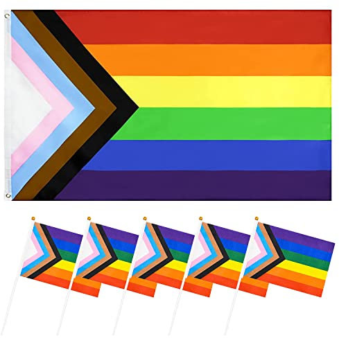 Bandera LGTB Grande Gay Pride Bandera Bandera de Progress Flag 150 * 90cm con 5 pequeñas banderas con mástiles Para Decoraciones de Festivales Desfiles de Celebración de Fiestas