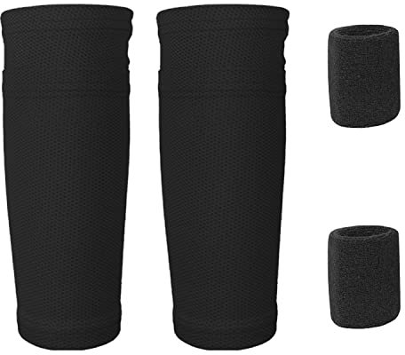 PFLYPF 1 Paar Fußball-Wadensocken, 1 Paar Sportarmbänder, Wadensocken mit Taschen, Fußballspiel und Trainingsausrüstung für Jugendliche und Erwachsene (Schwarz, ohne Schoner)